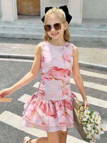 少女春夏度假海滩优雅波浪印花圆领无袖修身低腰双层荷叶边针织连衣裙 - 粉色 - 查看 3