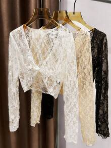 Airaco 女士休闲蕾丝扭结设计长袖上衣 - 彩色 - 查看 2