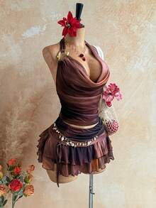 Soleia Women's Retro Draped Neck Top And Ruffle Hem 2 Pieces Set, Summer Vacation - Multicolor - View 5