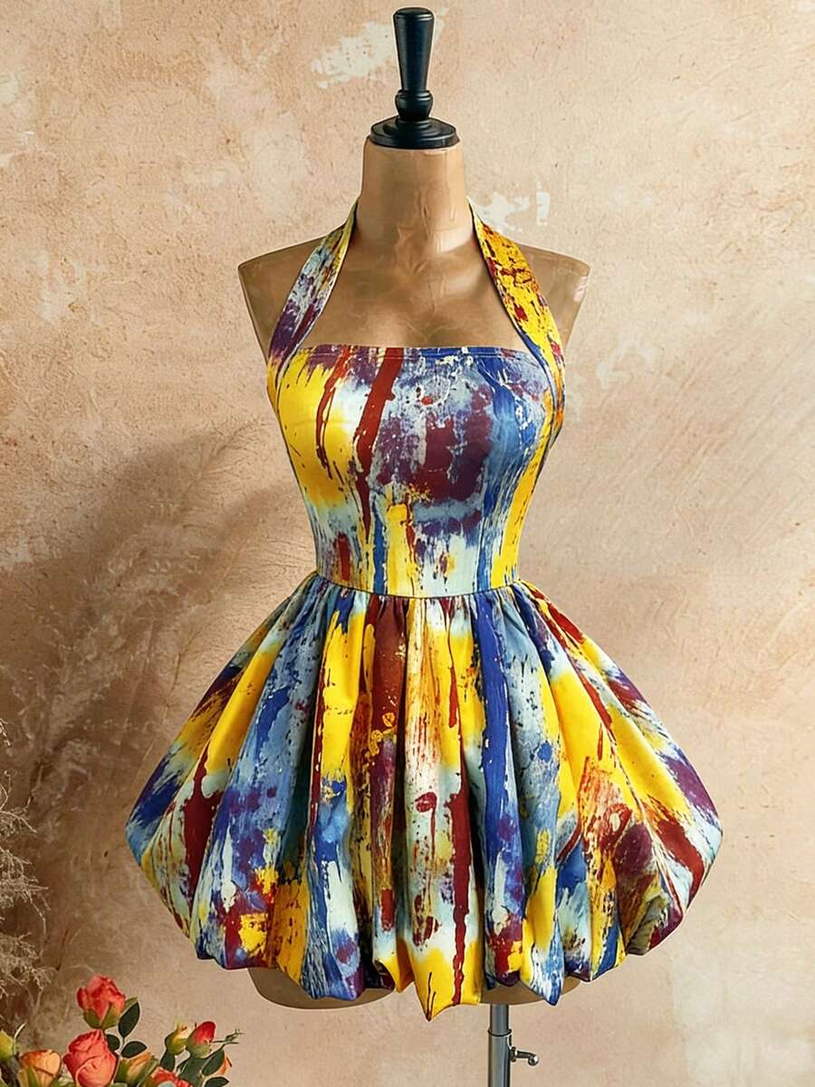 Mistrie Nuevo vestido mini de verano con estampado de teñido anudado, escote halter y espalda descubierta, vestido sexy para vacaciones en la playa para mujeres - Multicolor - Ver 1