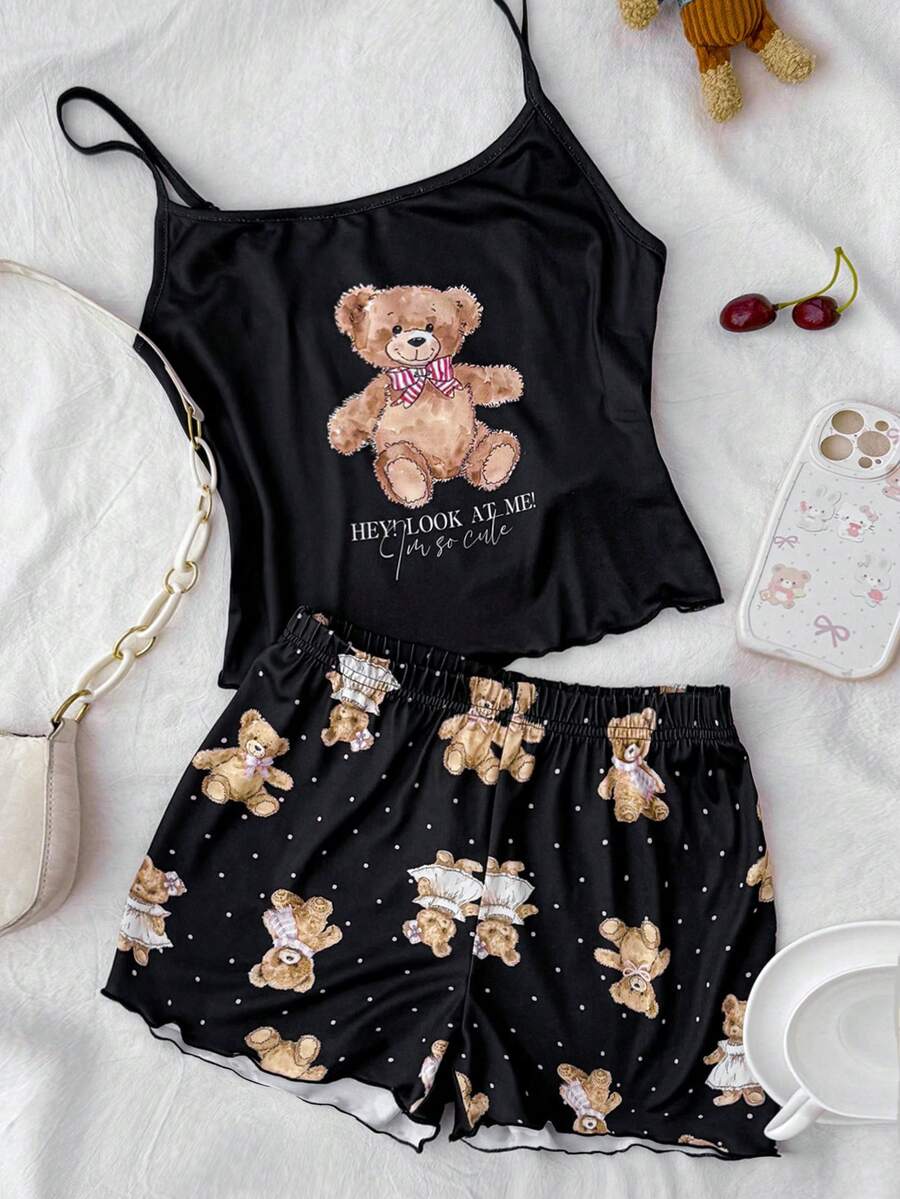 SHEIN Teen Girls Casual Slim-Fit Camisole Top And Shorts Pajama Set, Suitable For Summer - Black - View 1