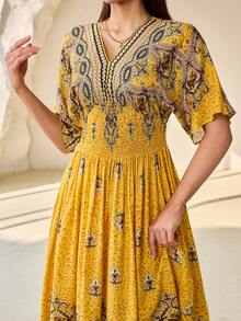 SHEIN Lacomfia 休闲定位碎花女装连衣裙，简约时尚，适合夏季 - 黃色 - 查看 2