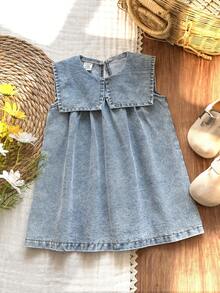 Vintaside Kids Babygirl Infant & Baby GirlSummer Collar Sleeveless Fashionable Casual Simple Washed Denim Dress, Suitable For Travel, Camping Or Daily Casual Wear - Blue - View 4