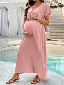 SHEIN Maternity Casual Solid Color Side Slit Dress - Baby Pink - View 3