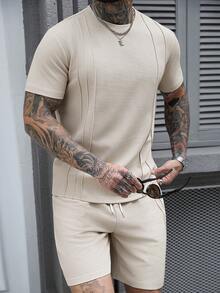 Manfinity CasualCool 男士短袖纹理面料T恤套装，适合居家或户外休闲穿着 - 杏色 - 查看 3