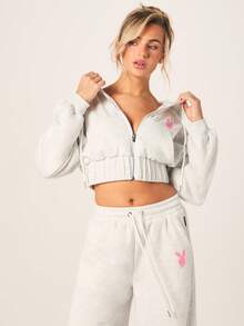 Missguided x Playboy 洛杉矶超大款短款全拉链连帽衫，带抽绳和粉色图案，休闲家居服 - 淺灰色 - 查看 4