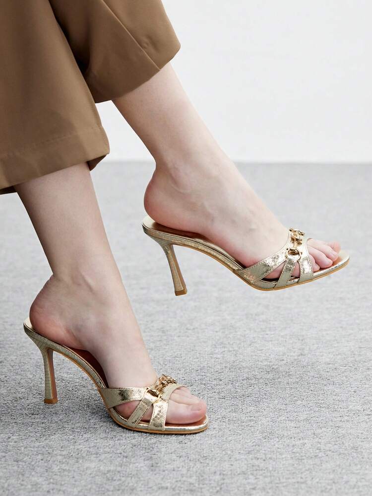 CUCCOO SZL Black PU Leather Gold Buckle Fashionable Comfortable Round Toe High Heel Mules Prom Heels