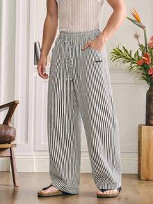 SWAVVY Men's Striped Elastic Waist Drawstring Casual Loose Pants, Versatile - Black and White - View 2