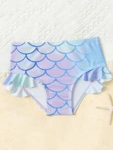 2件套女婴美人鱼印花吊带泳衣套装，可爱沙滩度假泳装 - 紫色 - 查看 3