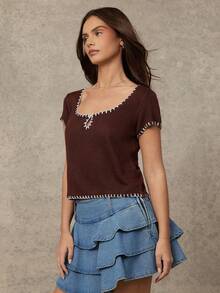 WESTFADE Scoop Neck Keyhole Button Front Cut Out Short Sleeve Contrast Mixed Stitch Knit Top - Multicolor - View 5