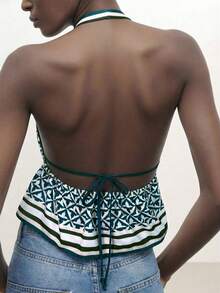 CAJUNI 女士绿色和白色夏季梭织修身上衣，深V露背吊带设计，配有可调节系带，饰有艺术几何图案，腰部收褶细节，波西米亚风度假上衣，适合海滩度假、节日和夏季派对、夏季假期、春季女性穿着、情人节、女士狂欢节服装、女士海滩度假等场合，围巾印花上衣，吊带上衣，几何印花上衣，V领上衣，无袖上衣 - 墨綠色 - 查看 2