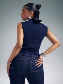 Denimoi Áo denim hở lưng buộc dây phía trước gợi cảm Áo denim trên denim thời trang - Rửa tối - Xem 5