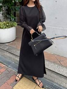 FRIFUL 女士轻薄透明直筒连衣裙，圆领长袖，袖口呈喇叭形，宽松休闲百搭，适合春夏穿着 - 黑色 - 查看 5