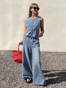 Livesso 春夏宽松休闲度假风蓝色圆领背心和阔腿牛仔裤 Old Money 女士牛仔套装 - 藍色 - 查看 7