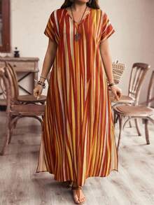 EMERY ROSE 大码女式条纹撞色侧边反光条纹长款沙滩度假连衣裙 - 紅色 - 查看 4