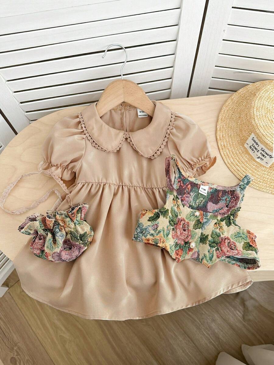 SHEIN Bộ đồ cho bé gái gồm áo vest và váy ngắn tay cổ Peter Pan họa tiết hoa cổ điển. - Nhiều màu - Xem 1