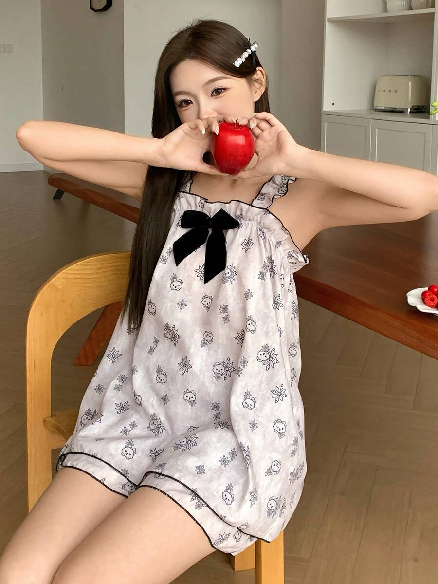 DAZY 2pcs/Set Cute Bear Pattern Sleeveless Camisole Top And Shorts Women Summer Pajama Set - Apricot - View 1