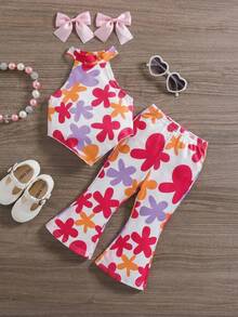 SHEIN LMoss Kids 女婴无袖碎花休闲夏季前长后短背心套装 - 白色 - 查看 1