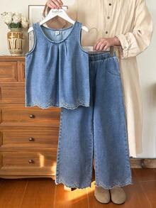 Vintaside Kids Girls Sleeveless Denim Style Round Neck Tank Top And Pants 2-Piece Set, Slim Fit, Suitable For Outings, School, Gatherings, Parties, And Casual Daily Wear - Blue - View 6