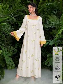 Al Najma Square Neck Yellow Contrast Embroidered Traditional Arabic Long Robe - Multicolor - View 3