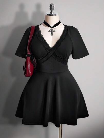 SHEIN ICON Vestido ajustado de cintura con cuello en V, mangas con volantes y encaje, estilo A-line, talla grande. Vestido retro Y2K, vestido gótico punk oscuro, vestido sexy de manga corta