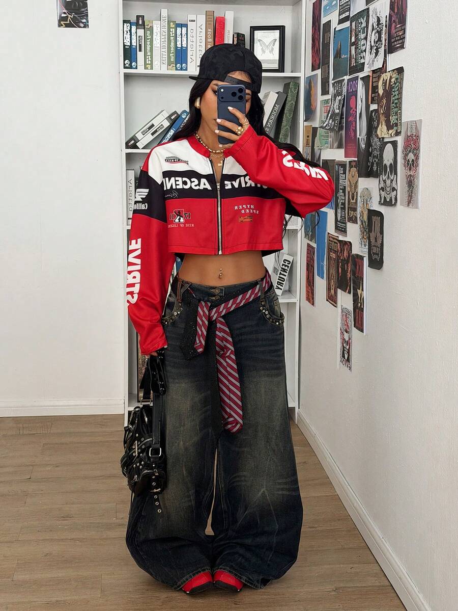 SHEIN HypeZone Streetwear Women's Racing Style Letter Graphic Print Cropped Long Sleeve Jacket - Red - View 1