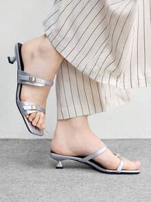 CUCCOO BIZCHIC 春夏新款户外女士黑色方头露趾高跟凉鞋 女士细高跟法式裙摆绑带凉鞋 - 銀色 - 查看 3