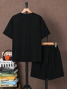 SHEIN 青少年男童返校季黑色字母印花休闲舒适时尚简约百搭柔软面料，适合日常穿着、上学、外出等场合。 - 黑色 - 查看 2
