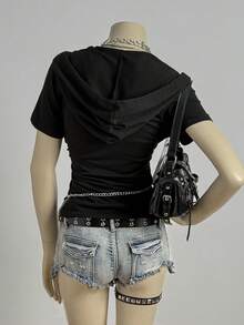 SHEIN DivaQ 女士时尚印花黑色短袖卫衣 - 黑色 - 查看 2