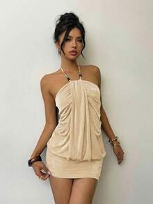 Aloruh Vestido mini sexy de mujer con cuello halter fruncido y cuentas de unicolor - Albaricoque - Ver 5