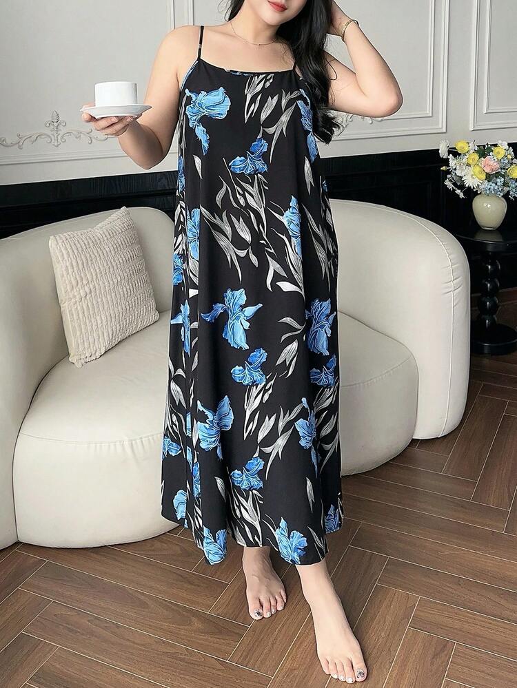Dazy Plus Floral Print Lightweight Long Slip Dress, Elegant Plus Size Women Sleepwear For Vacation