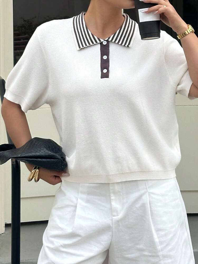 Dazy Plus Plus Size Casual Patchwork Striped Polo Collar Short Sleeve Knit Top Summer