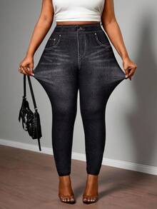 Truni 大码女士优雅高弹仿牛仔打底裤，金属扣装饰，适合通勤，曲线牛仔裤，女士高腰牛仔裤，黑色牛仔裤 - 黑色 - 查看 7