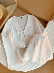 SHEIN EZwear 2PCS White Linen Wrinkled Casual Open-Front Drawstring V-Neck Textured Long-Sleeved Shirt And Linen Wrinkled Shorts Loose Loungewear Set Cotton 2 Pieces Set White 2 Pieces Set Women's Cotton Set - White - View 4