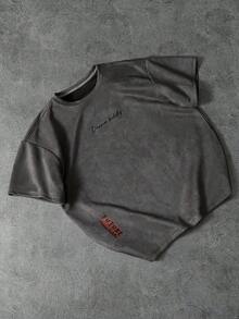 PAVTROS Men Casual Letter Printed Vintage Short Sleeve T-Shirt, Boyfriend Gift, For Going Out, Fall Fleece - Grey - View 3