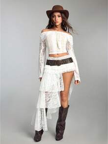 ROMWE Hippie Vacation Music Festival Low Waist Layered Ruffle Asymmetrical Lace Women Skirt - White - View 6