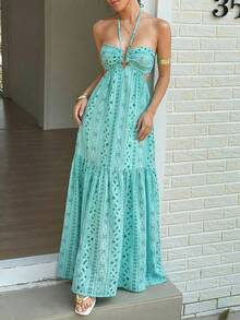 Sunnyshic Women's Minimalist Everyday Printed Maxi Dress - Mint Blue - View 6