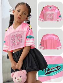 SHEIN 年轻女孩针织数字图案 V 领宽松休闲 T 恤 - 粉色 - 查看 3