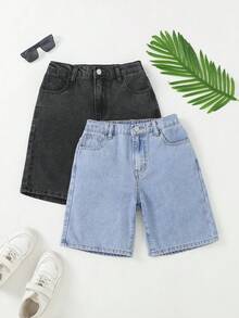 SHEIN 2件套青少年男童时尚返校街头风混搭百搭设计复古酷炫街头宽松舒适清爽蓝黑牛仔阔腿直筒短裤，适合青少年男童日常穿着以及春夏锐舞节和街头服饰。 - 彩色 - 查看 1