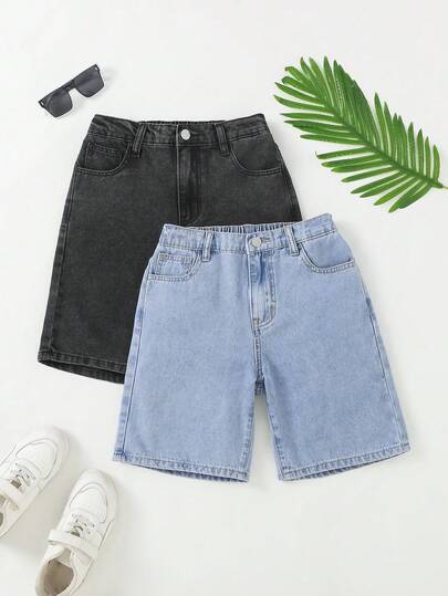 SHEIN 2件套青少年男童时尚休闲复古酷炫街头宽松舒适清爽蓝黑牛仔阔腿直筒短裤，适合儿童日常穿着，也适合春夏派对、节日和街头服饰。