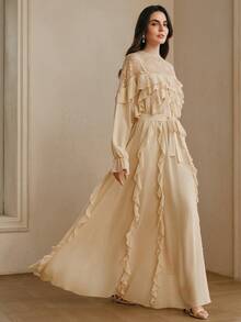 Anewsta Women's Long Sleeve Round Neck Lace Trim Dress,Cream Summer Elegant Party Flowy Chiffon Layered Ruffle Hem Ethereal Frilly French Style Wedding Dress - Apricot - View 3