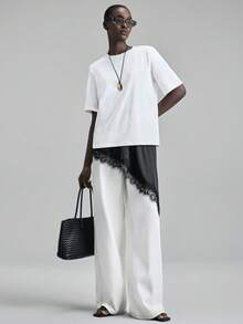 Ontre 蕾丝女士黑色缎面弹力面料舒适不对称下摆吊带长款上衣，现代都市休闲商务时尚办公室着装，复古邮轮婚礼宾客礼服，圣诞节晚宴新年节日派对氛围。 - 黑色 - 查看 6