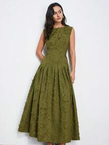 Aveloria Modichic Olive Green Textured Fringe Maxi Dress, Minimalist A-Line Silhouette, Sleeveless, Quiet Luxury Style, Suitable For Commute, Vacation, Casual Gatherings, Spring/Summer Everyday Wear - Green - View 4