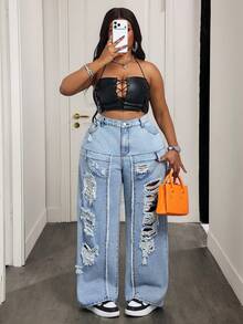 Breezaya Damen Große Größen High Waist Jeans mit Taschen, weites Bein, locker, lässig - Blau - Übersicht 6