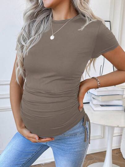 SHEIN Maternity Solid Color Round Neck Short Sleeve Drawstring T-Shirt For Summer
