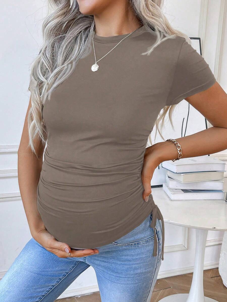 SHEIN Maternity Solid Color Round Neck Short Sleeve Drawstring T-Shirt For Summer - Grey - View 1