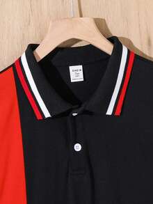 SHEIN 青少年男孩休閒條紋拼接針織寬鬆 Polo 衫 - 彩色 - 查看 6