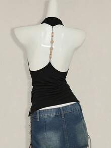 SHEIN ICON 女士棕色复古设计性感露背串珠垂褶领吊带衫 - 黑色 - 查看 3