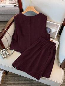GlowEve CURVE 大码女式纯色V领无袖上衣带口袋短裤套装，时尚优雅休闲装 - 酒紅色 - 查看 2