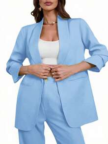 Aveloria Modichic Blazer Kasual Warna Polos dengan Kerah Berlekuk, Musim Semi/Gugur - Baby Blue - View 3